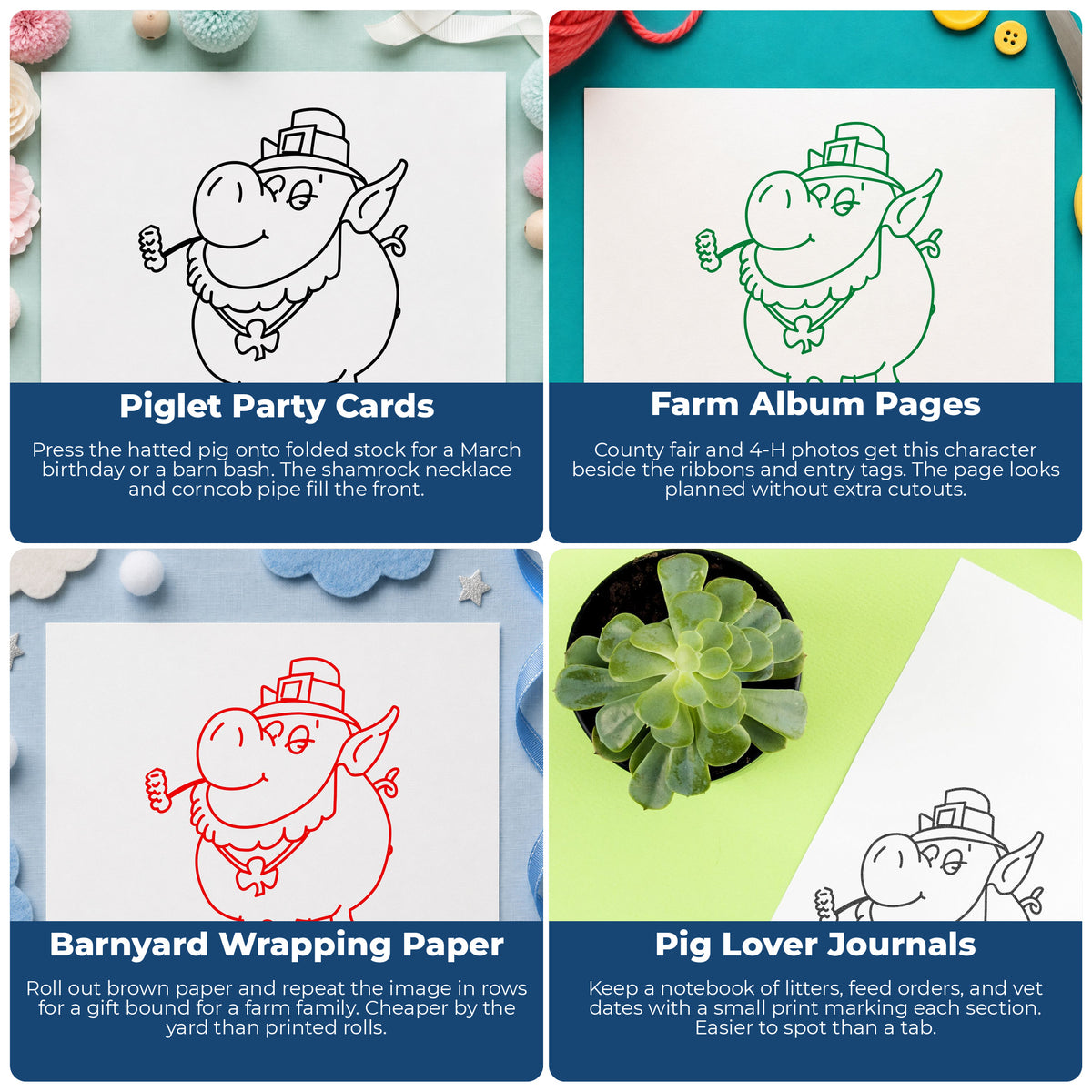 Irish Pig with Shamrock Rubber Stamp project ideas: Piglet Party Cards, Farm Album Pages, Barnyard Wrapping Paper and Pig Lover Journals.