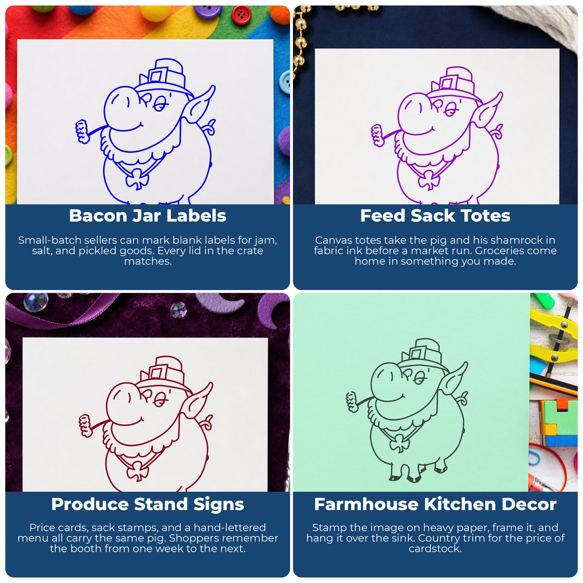 Irish Pig with Shamrock Rubber Stamp project ideas: Bacon Jar Labels, Feed Sack Totes, Produce Stand Signs and Farmhouse Kitchen Decor.