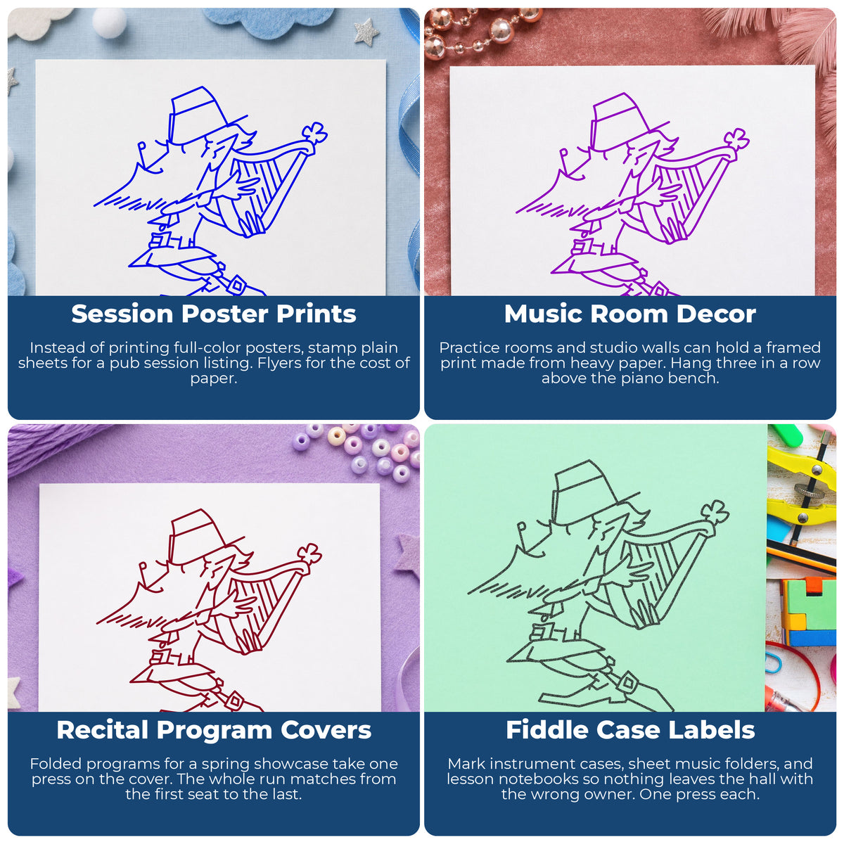 Leprechaun Playing Harp Rubber Stamp project ideas: Session Poster Prints, Music Room Decor, Recital Program Covers and Fiddle Case Labels.