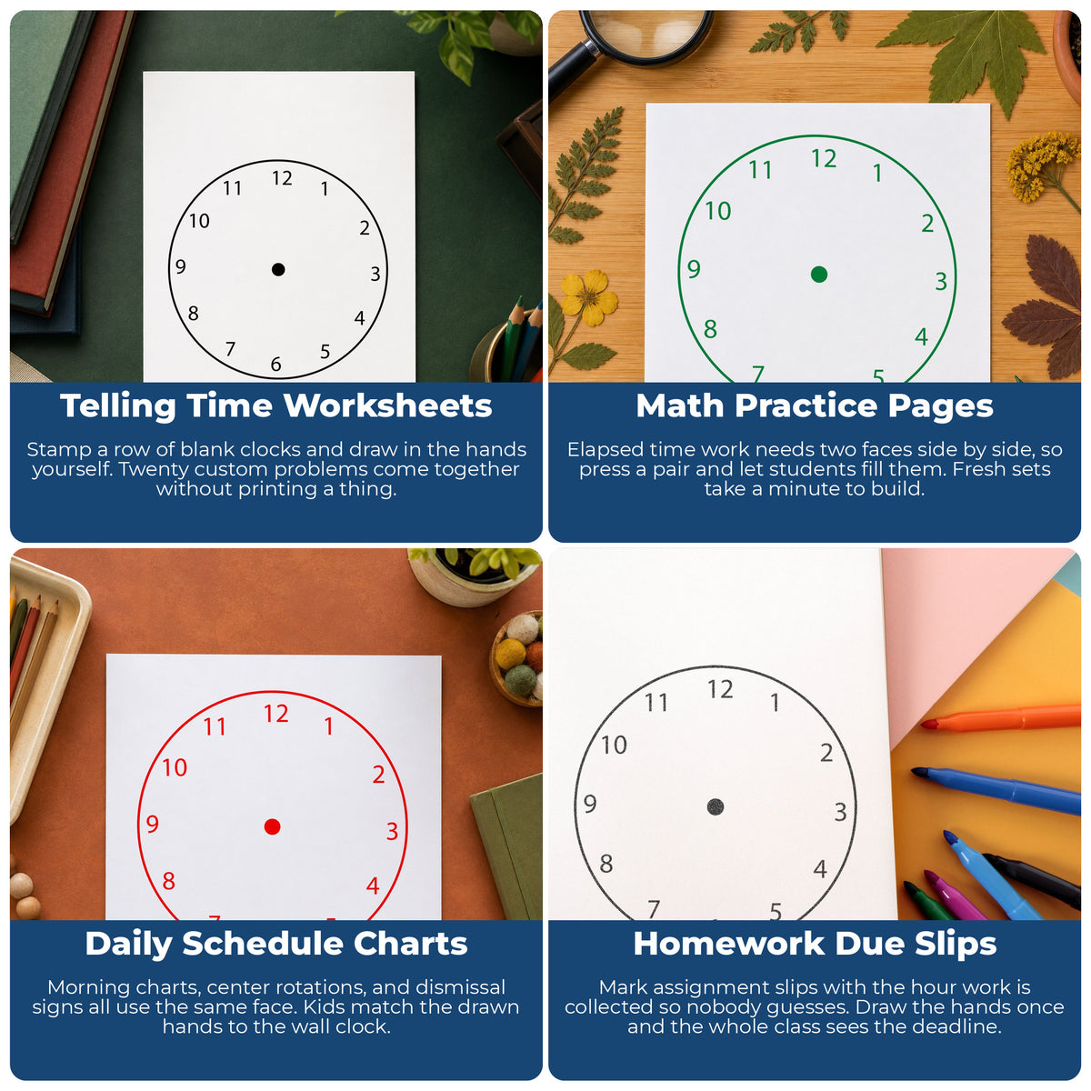 Blank Clock Face Rubber Stamp project ideas: Telling Time Worksheets, Math Practice Pages, Daily Schedule Charts and Homework Due Slips.