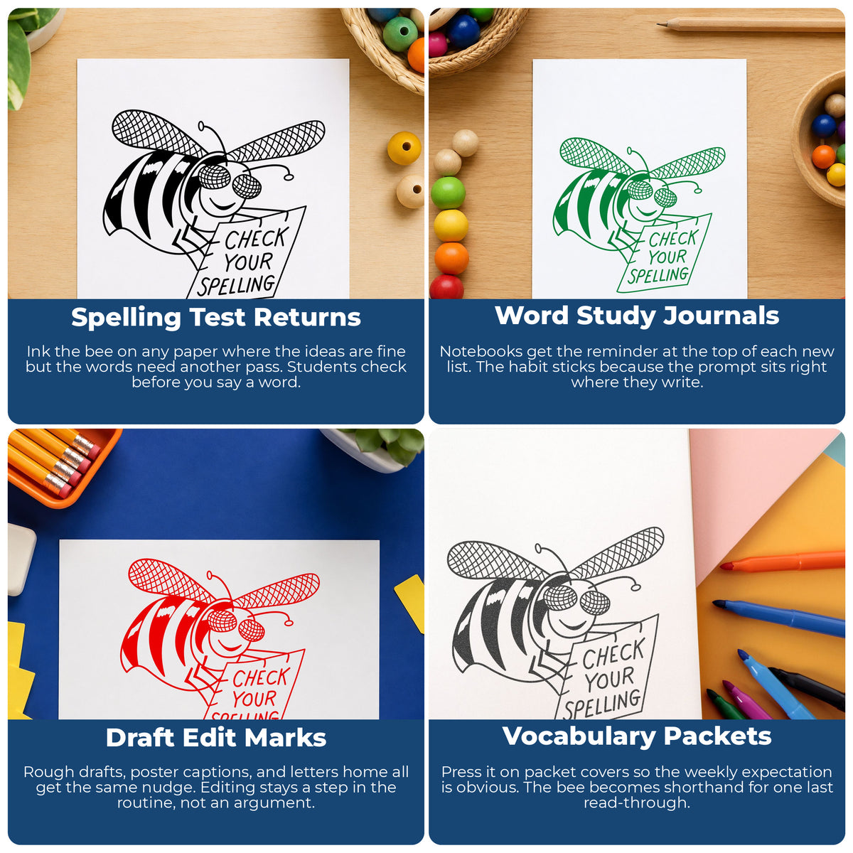 Check Your Spelling Bee Rubber Stamp project ideas: Spelling Test Returns, Word Study Journals, Draft Edit Marks and Vocabulary Packets.