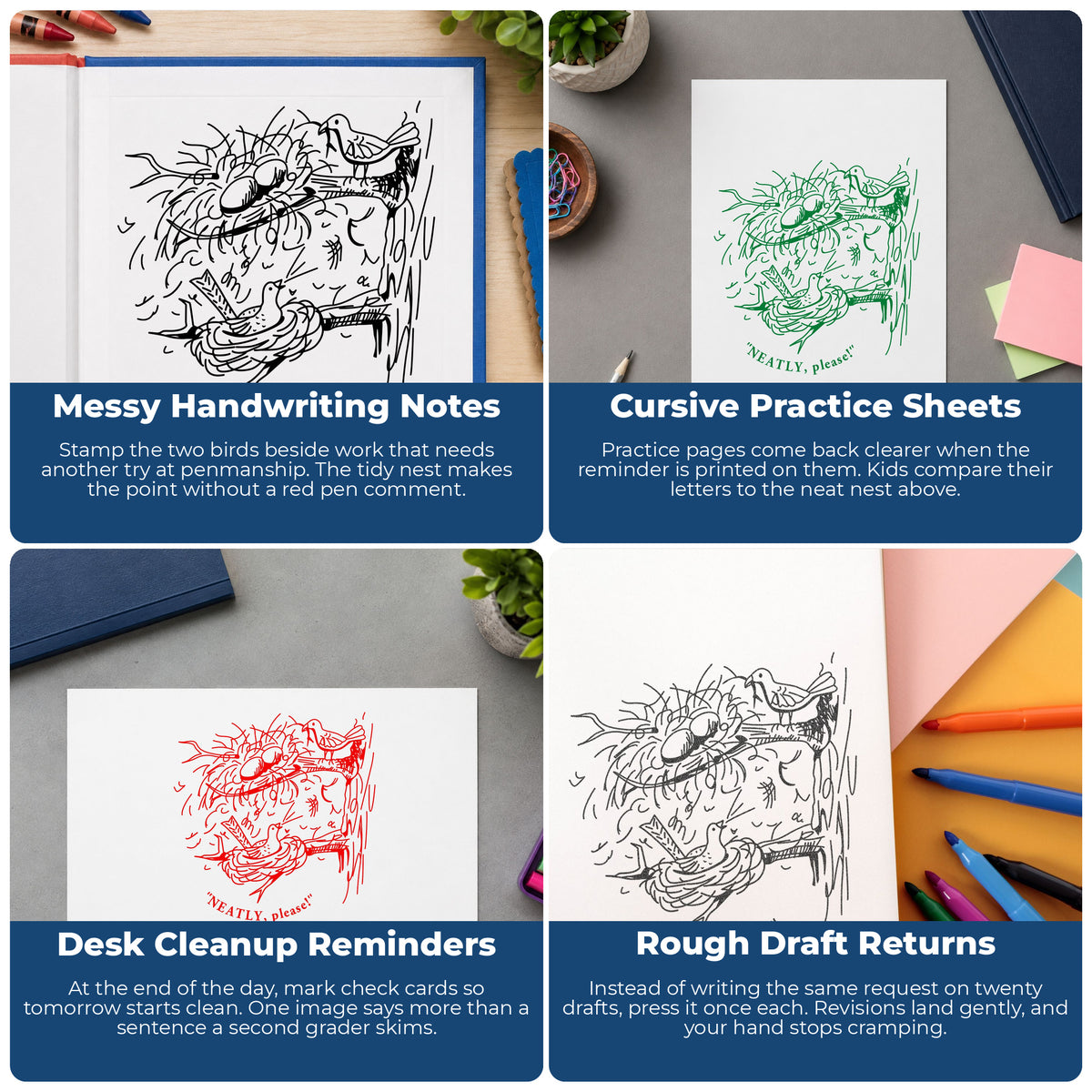 Neatly Please Birds Rubber Stamp project ideas: Messy Handwriting Notes, Cursive Practice Sheets, Desk Cleanup Reminders and Rough Draft Returns.