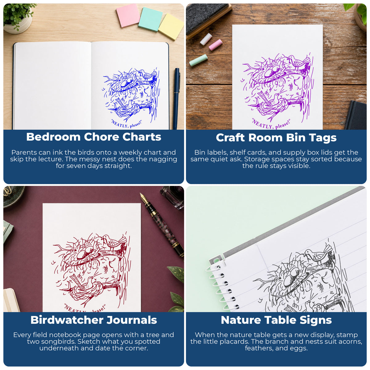 Neatly Please Birds Rubber Stamp project ideas: Bedroom Chore Charts, Craft Room Bin Tags, Birdwatcher Journals and Nature Table Signs.