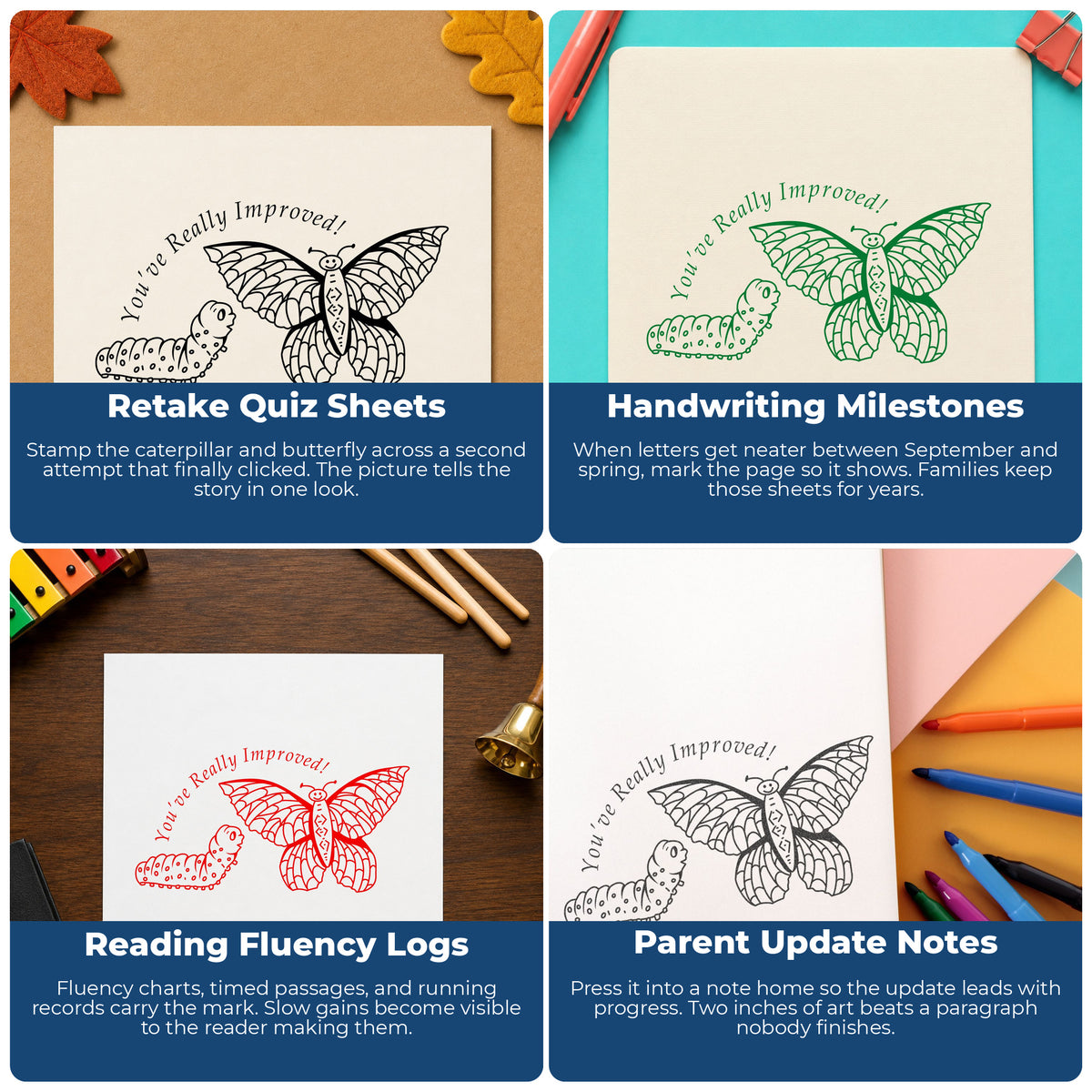 Youve Really Improved Butterfly and Caterpillar Rubber Stamp project ideas: Retake Quiz Sheets, Handwriting Milestones, Reading Fluency Logs and Parent Update Notes.