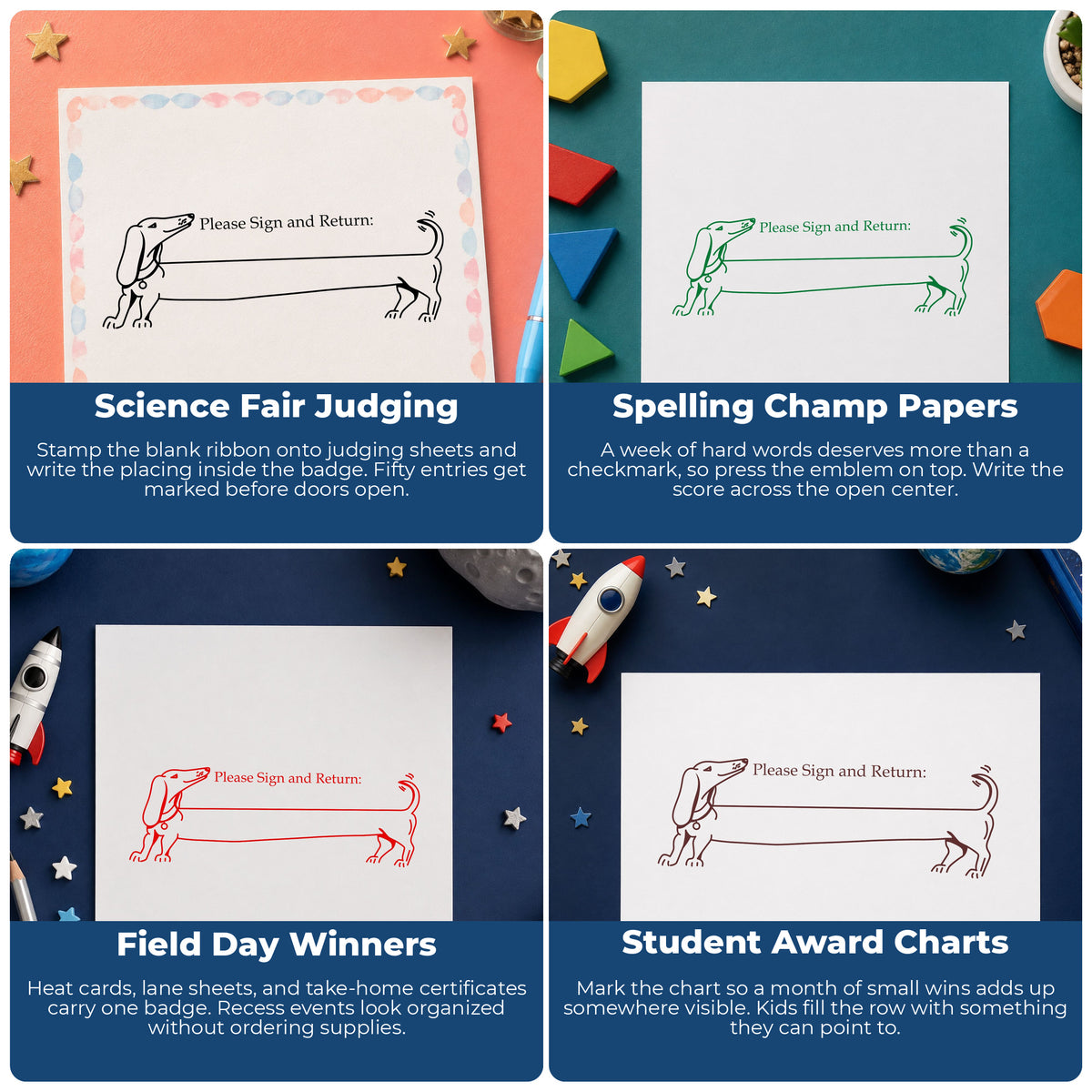 Blank Award Ribbon Rubber Stamp project ideas: Science Fair Judging, Spelling Champ Papers, Field Day Winners and Student Award Charts.