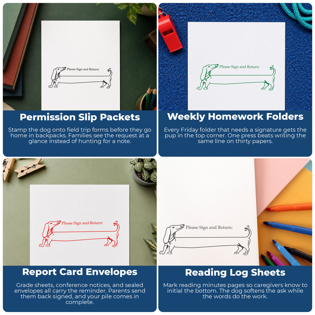 Please Sign and Return Dog Rubber Stamp project ideas: Permission Slip Packets, Weekly Homework Folders, Report Card Envelopes and Reading Log Sheets.