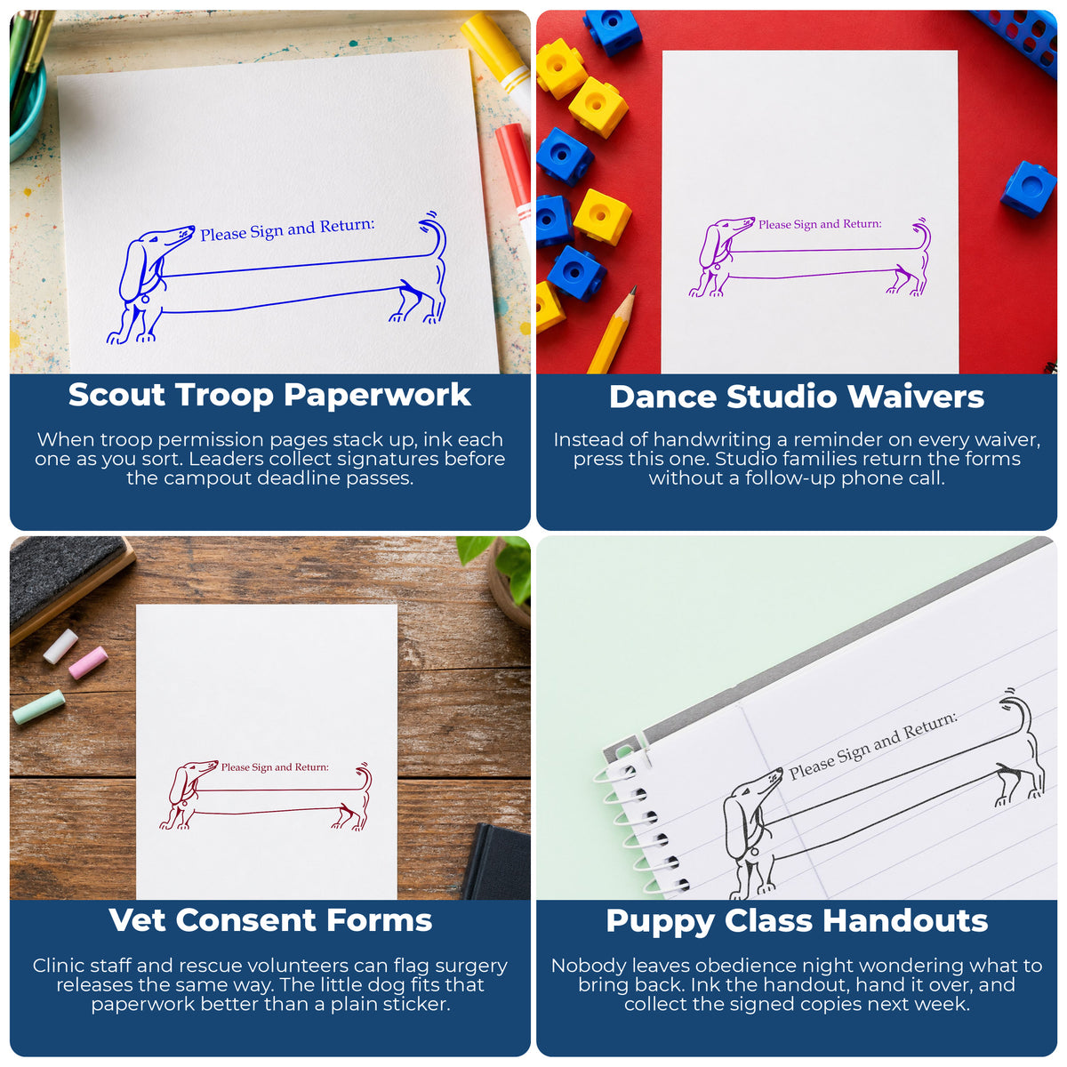 Please Sign and Return Dog Rubber Stamp project ideas: Scout Troop Paperwork, Dance Studio Waivers, Vet Consent Forms and Puppy Class Handouts.