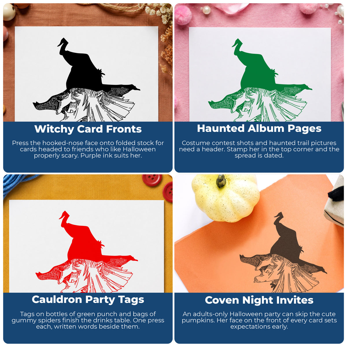 Witch Head with Hat Rubber Stamp project ideas: Witchy Card Fronts, Haunted Album Pages, Cauldron Party Tags and Coven Night Invites.