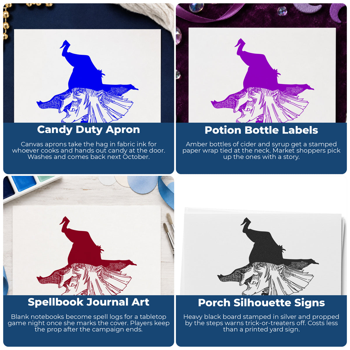 Witch Head with Hat Rubber Stamp project ideas: Candy Duty Apron, Potion Bottle Labels, Spellbook Journal Art and Porch Silhouette Signs.