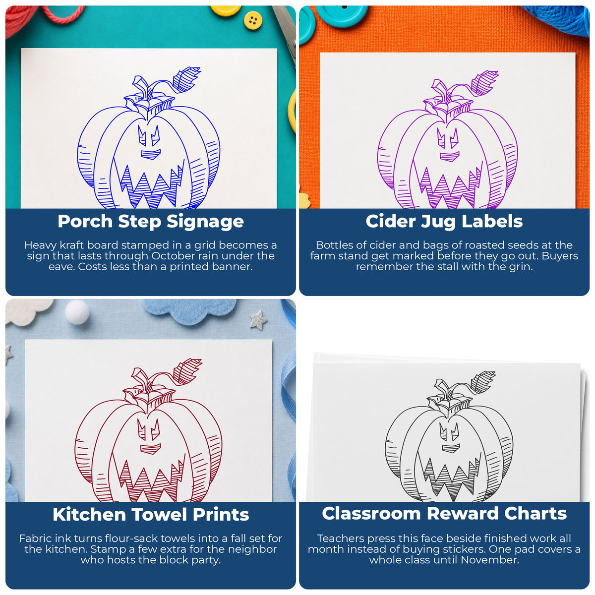 Scary Pumpkin Face Rubber Stamp project ideas: Porch Step Signage, Cider Jug Labels, Kitchen Towel Prints and Classroom Reward Charts.