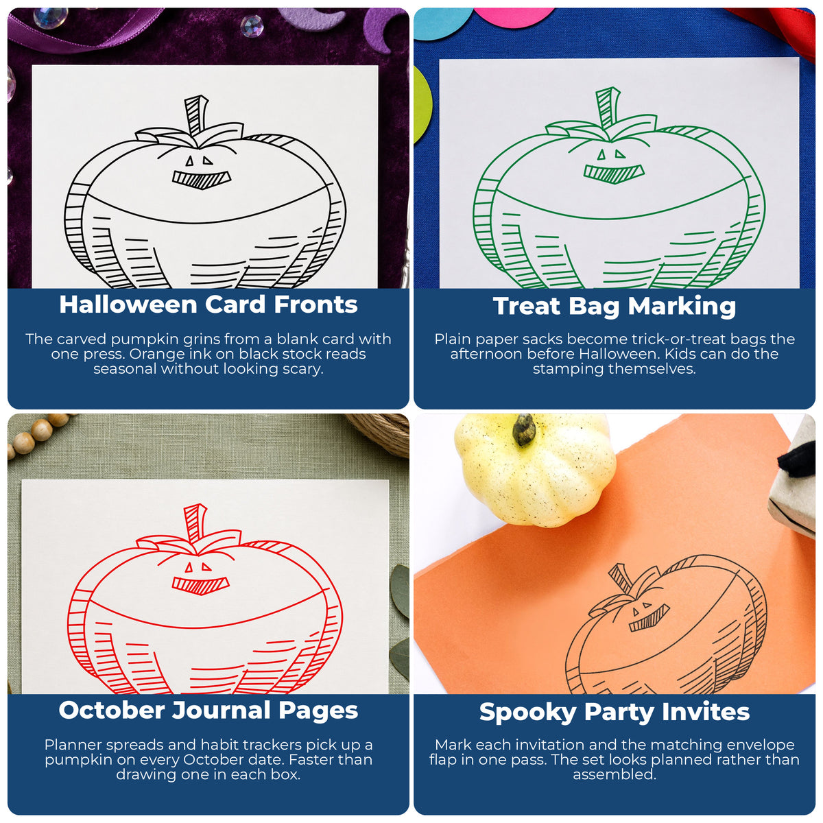 Smiling Jacko Lantern Rubber Stamp project ideas: Halloween Card Fronts, Treat Bag Marking, October Journal Pages and Spooky Party Invites.
