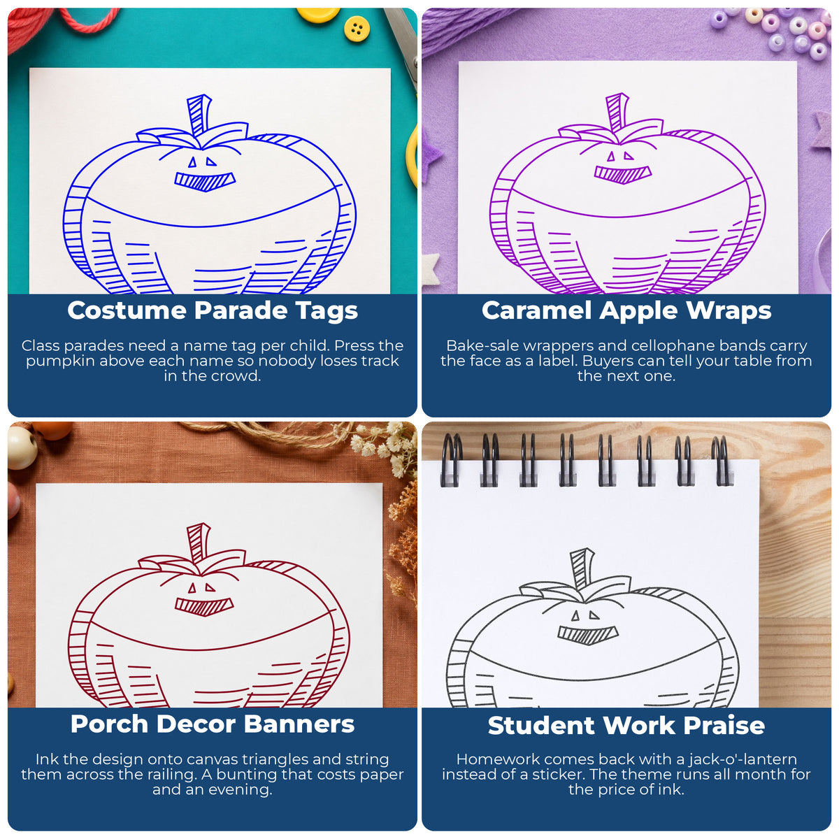 Smiling Jacko Lantern Rubber Stamp project ideas: Costume Parade Tags, Caramel Apple Wraps, Porch Decor Banners and Student Work Praise.