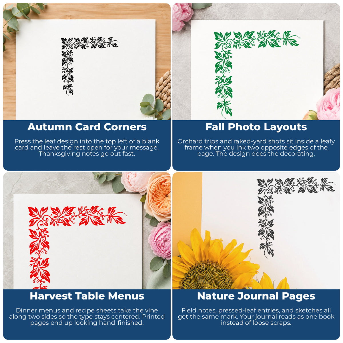 Semi Solid Leaf Corner Rubber Stamp project ideas: Autumn Card Corners, Fall Photo Layouts, Harvest Table Menus and Nature Journal Pages.