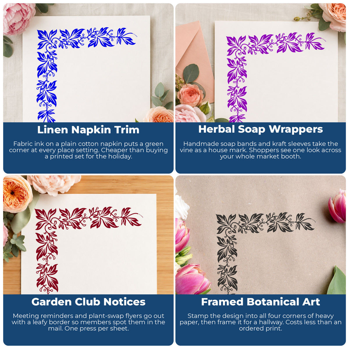 Semi Solid Leaf Corner Rubber Stamp project ideas: Linen Napkin Trim, Herbal Soap Wrappers, Garden Club Notices and Framed Botanical Art.