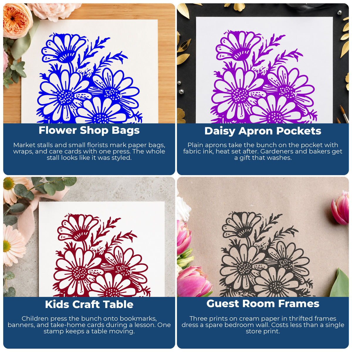 Four Daisy Blooms Rubber Stamp project ideas: Flower Shop Bags, Daisy Apron Pockets, Kids Craft Table and Guest Room Frames.