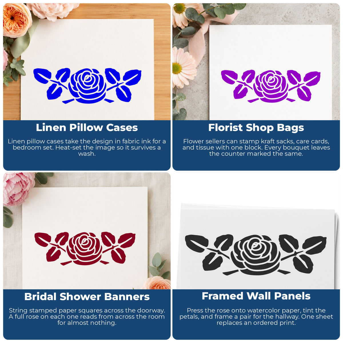 Rose Flower Rubber Stamp Large project ideas: Linen Pillow Cases, Florist Shop Bags, Bridal Shower Banners and Framed Wall Panels.