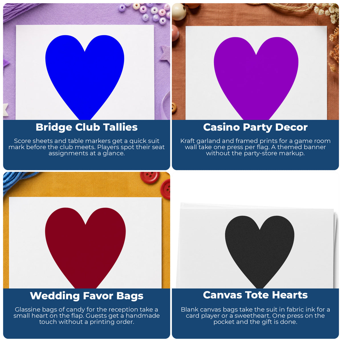 Playing Card Heart Rubber Stamp project ideas: Bridge Club Tallies, Casino Party Decor, Wedding Favor Bags and Canvas Tote Hearts.