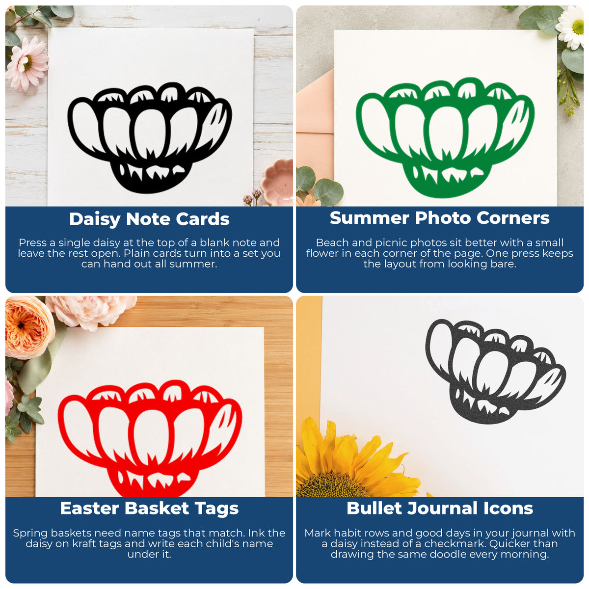 Sideways Daisy Rubber Stamp project ideas: Daisy Note Cards, Summer Photo Corners, Easter Basket Tags and Bullet Journal Icons.