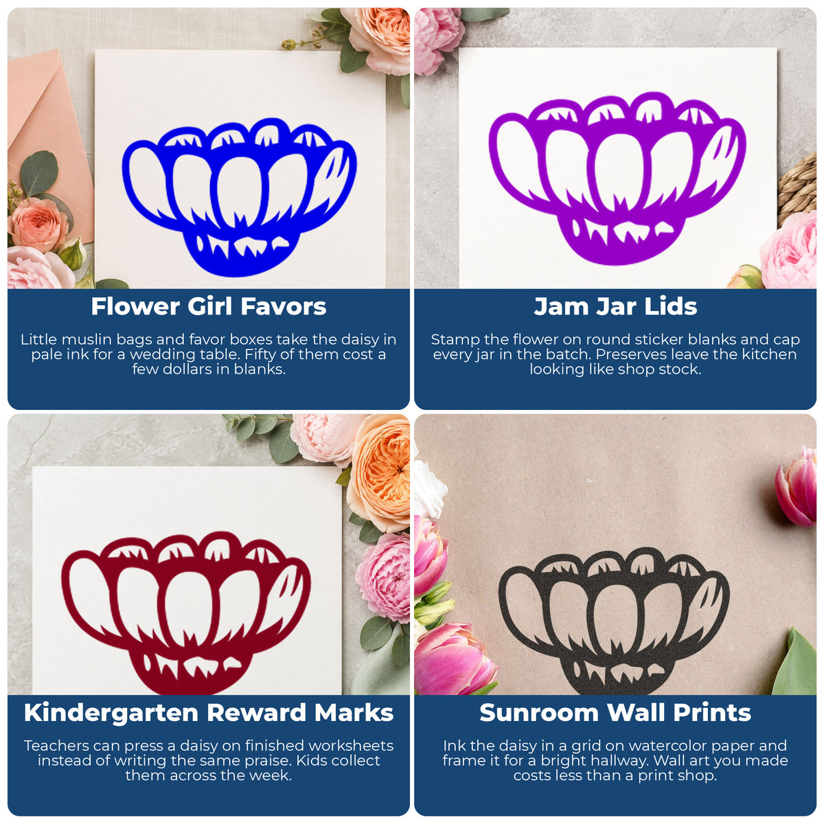 Sideways Daisy Rubber Stamp project ideas: Flower Girl Favors, Jam Jar Lids, Kindergarten Reward Marks and Sunroom Wall Prints.
