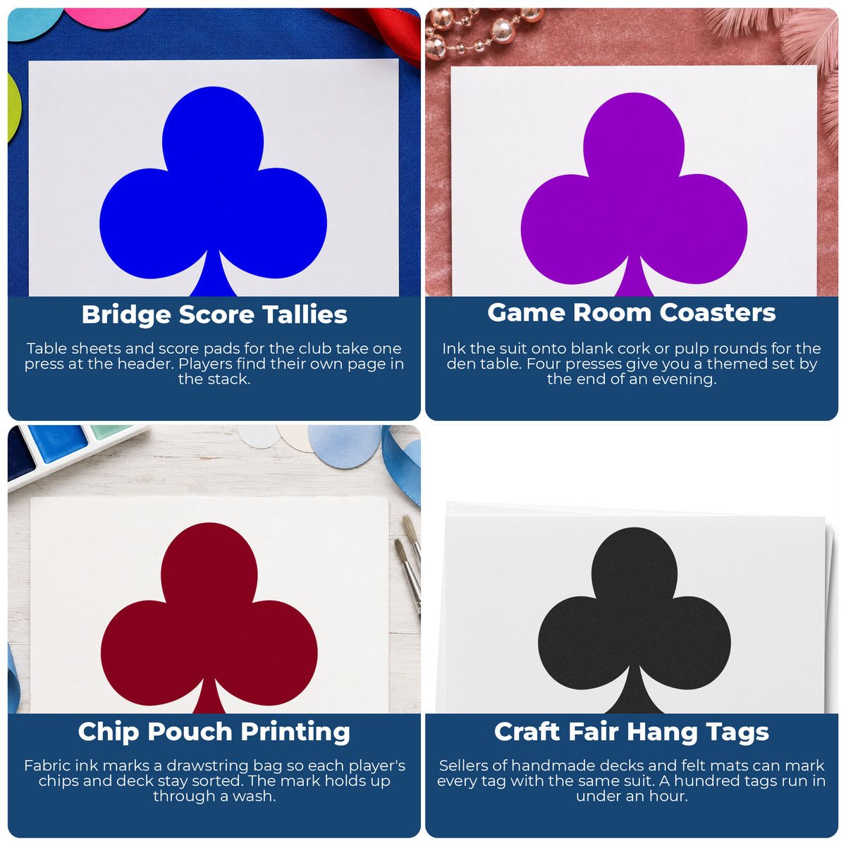 Playing Card Club Rubber Stamp project ideas: Bridge Score Tallies, Game Room Coasters, Chip Pouch Printing and Craft Fair Hang Tags.