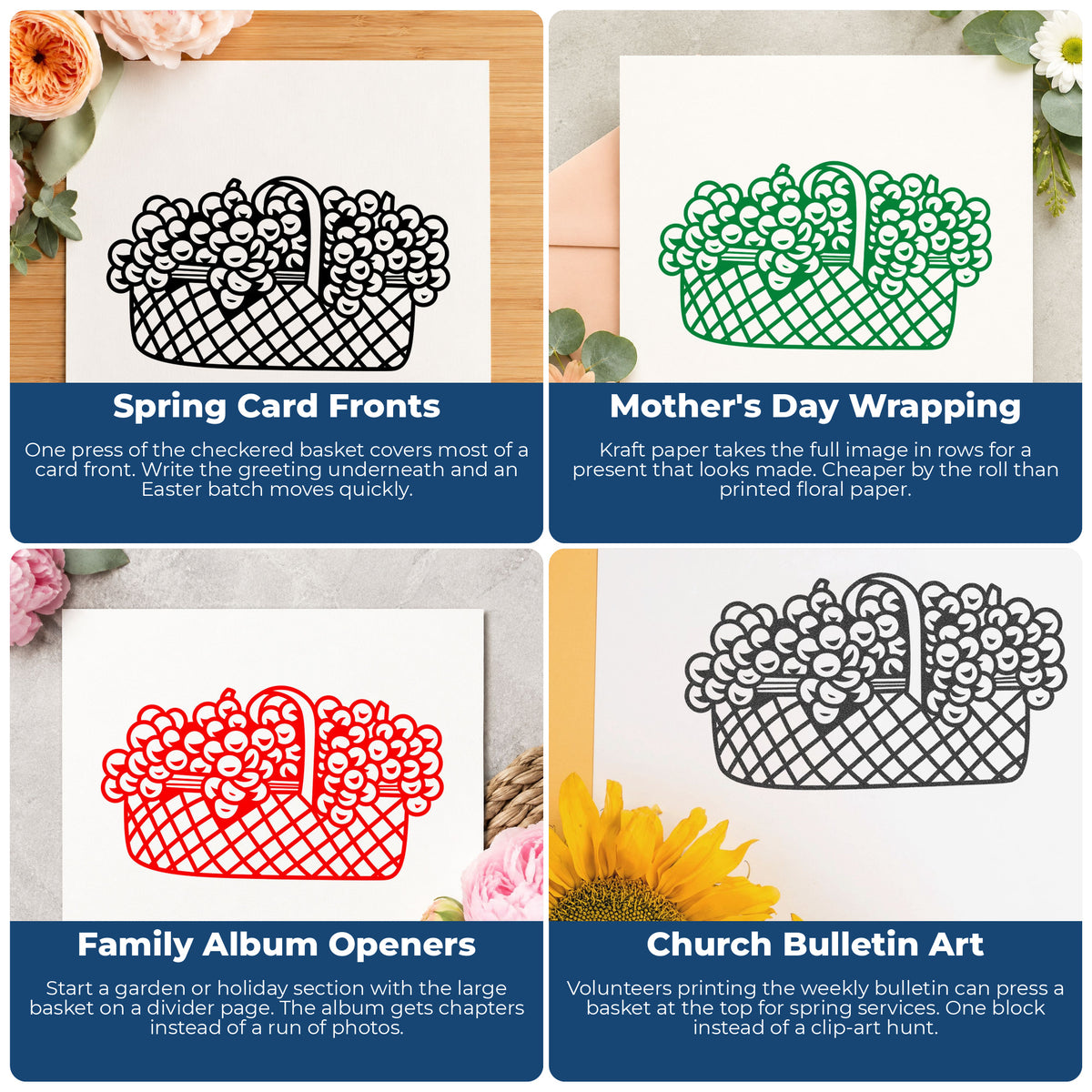 Basket of Flowers Rubber Stamp Large project ideas: Spring Card Fronts, Mother's Day Wrapping, Family Album Openers and Church Bulletin Art.