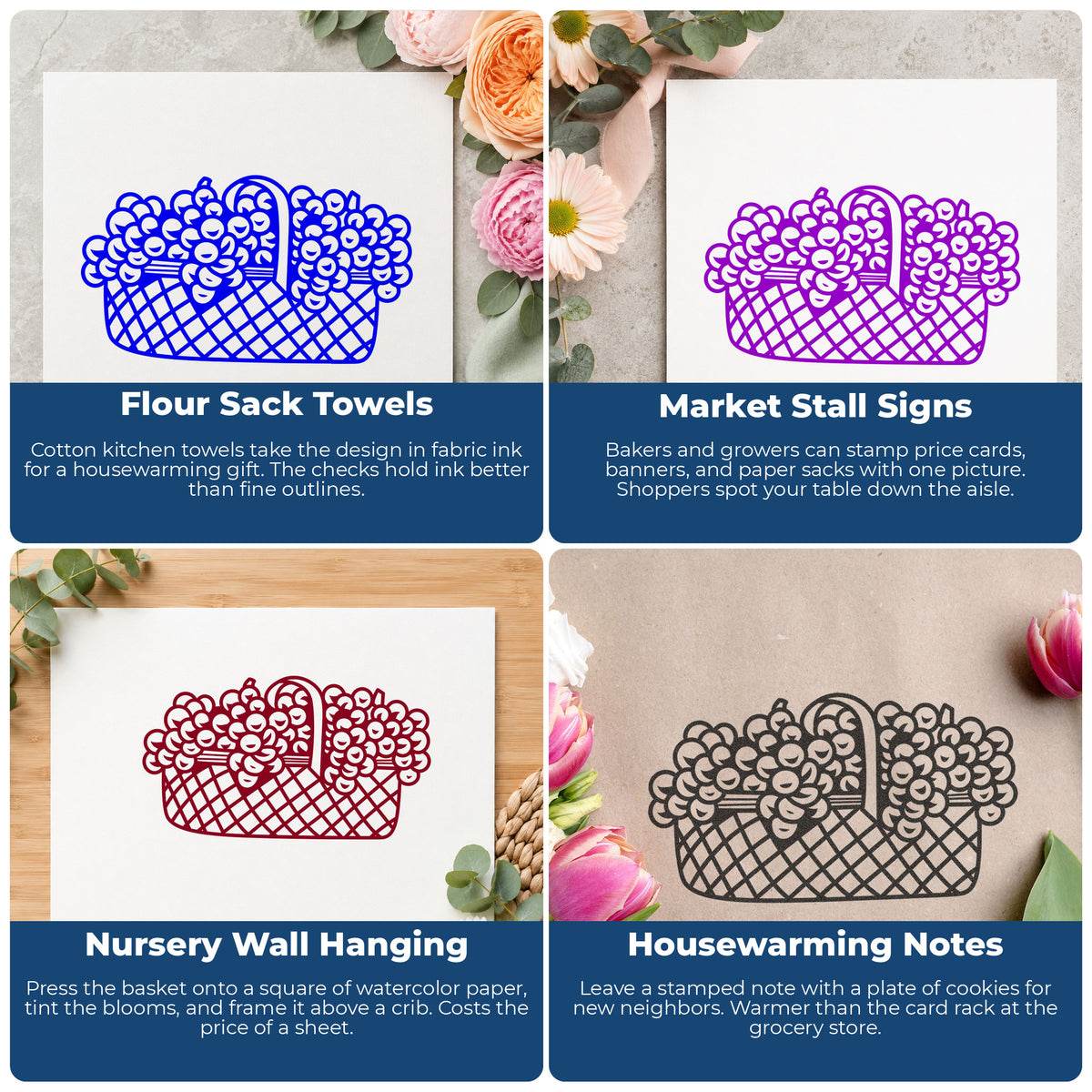 Basket of Flowers Rubber Stamp Large project ideas: Flour Sack Towels, Market Stall Signs, Nursery Wall Hanging and Housewarming Notes.