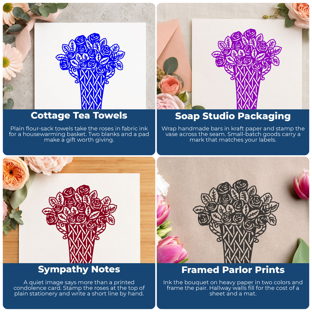 Roses in a Wicker Vase Rubber Stamp project ideas: Cottage Tea Towels, Soap Studio Packaging, Sympathy Notes and Framed Parlor Prints.