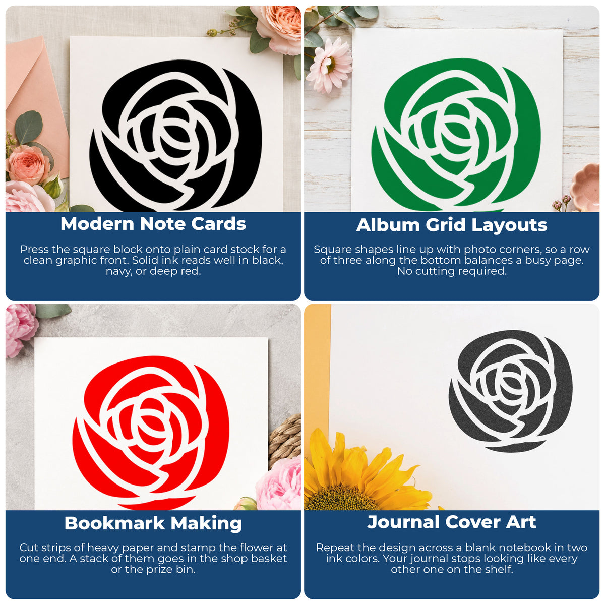 Single Solid Flower Rubber Stamp project ideas: Modern Note Cards, Album Grid Layouts, Bookmark Making and Journal Cover Art.