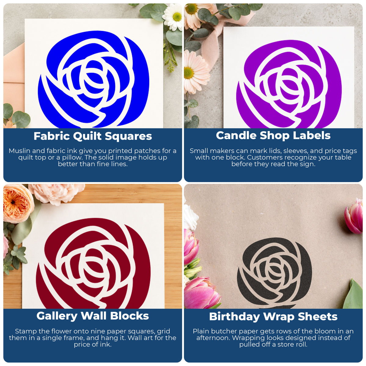 Single Solid Flower Rubber Stamp project ideas: Fabric Quilt Squares, Candle Shop Labels, Gallery Wall Blocks and Birthday Wrap Sheets.