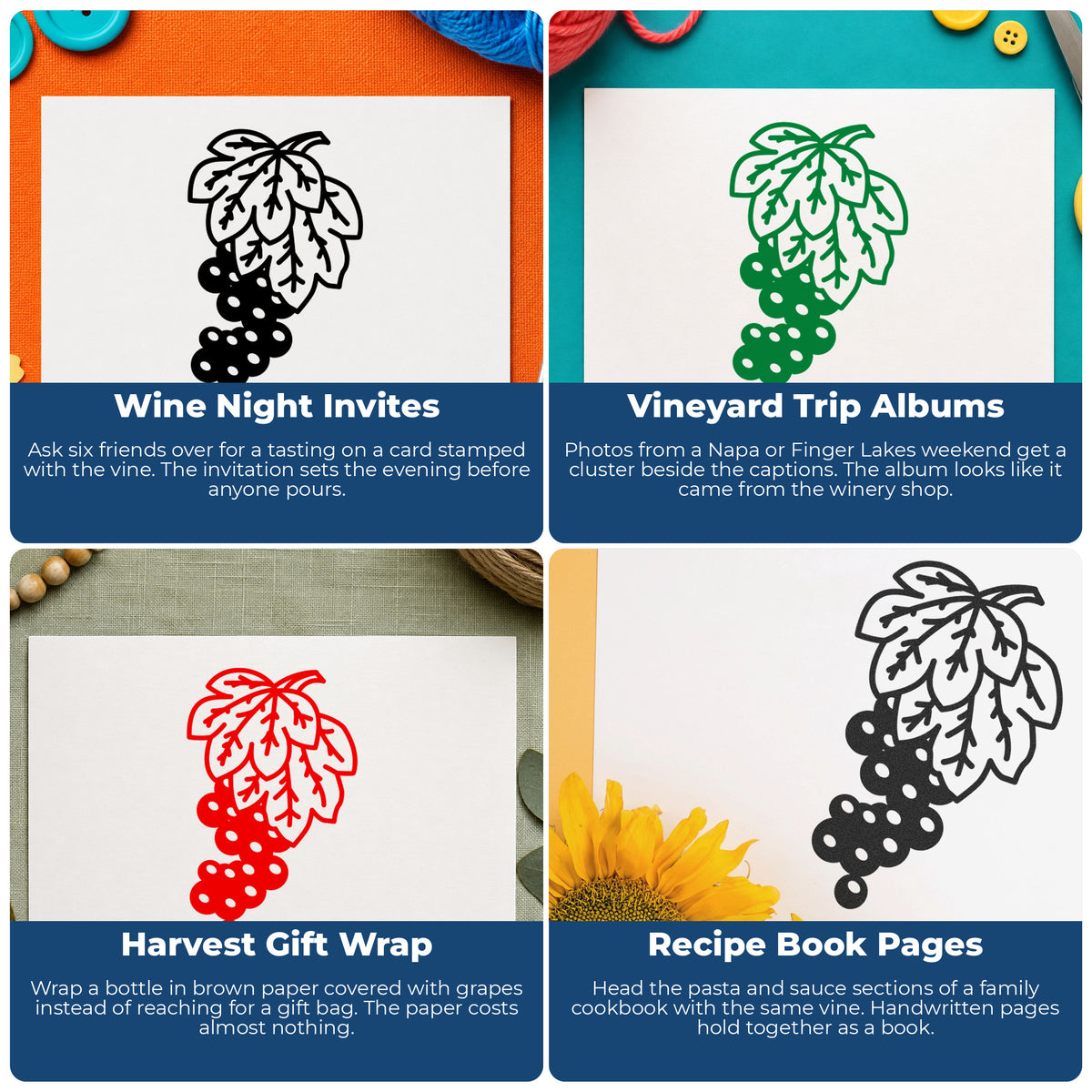 Grape Bunch on Vine Rubber Stamp project ideas: Wine Night Invites, Vineyard Trip Albums, Harvest Gift Wrap and Recipe Book Pages.