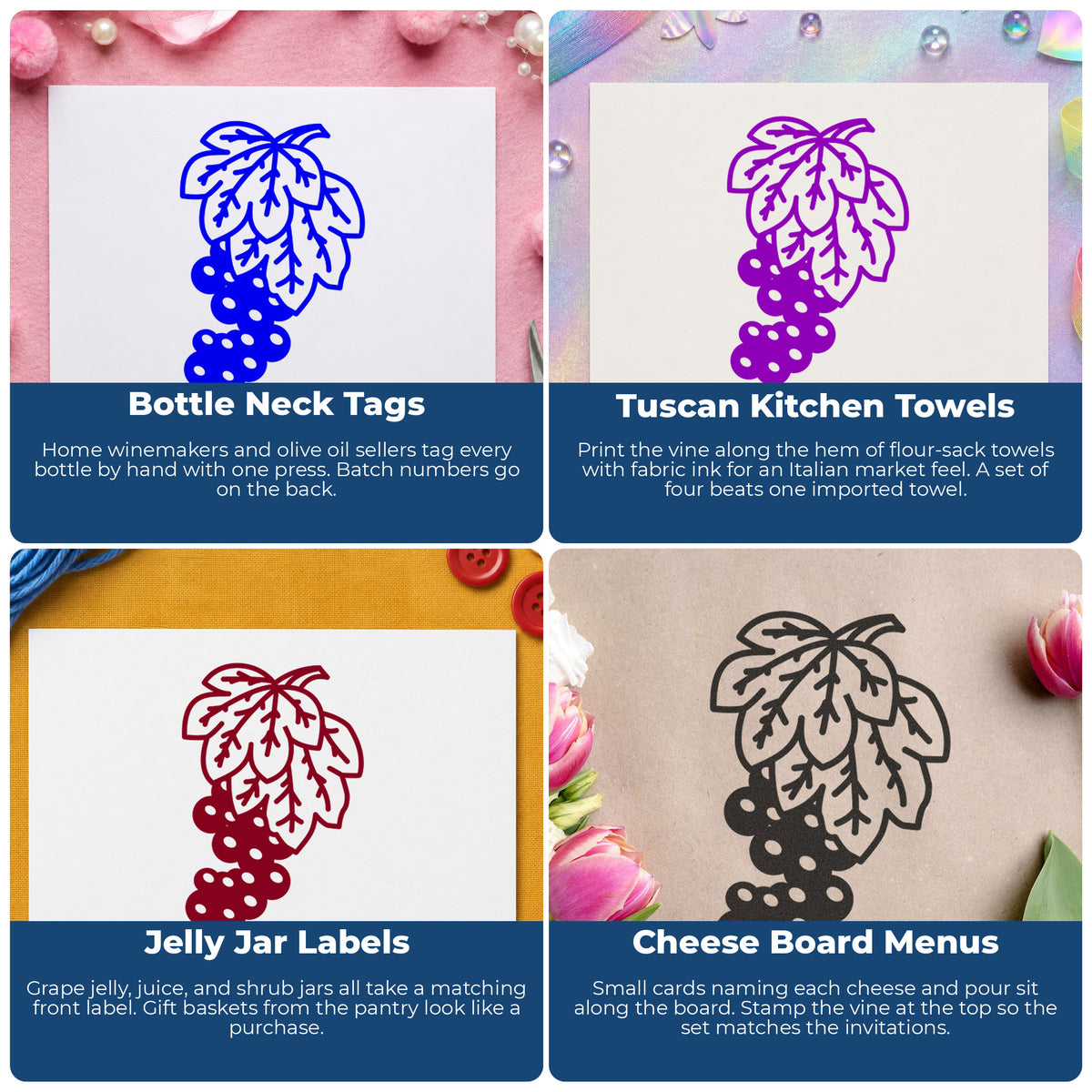 Grape Bunch on Vine Rubber Stamp project ideas: Bottle Neck Tags, Tuscan Kitchen Towels, Jelly Jar Labels and Cheese Board Menus.