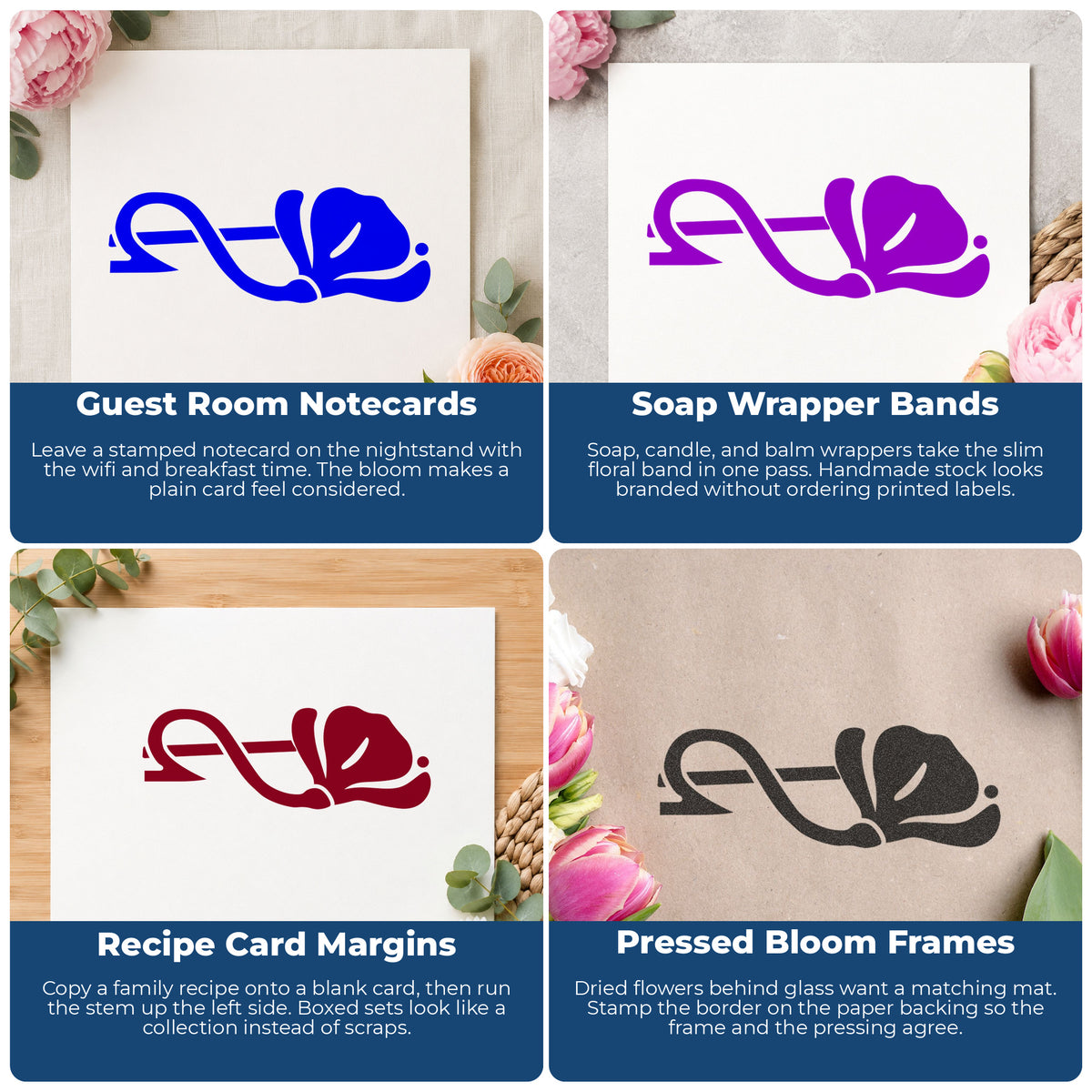 Right Single Flower Border Rubber Stamp project ideas: Guest Room Notecards, Soap Wrapper Bands, Recipe Card Margins and Pressed Bloom Frames.