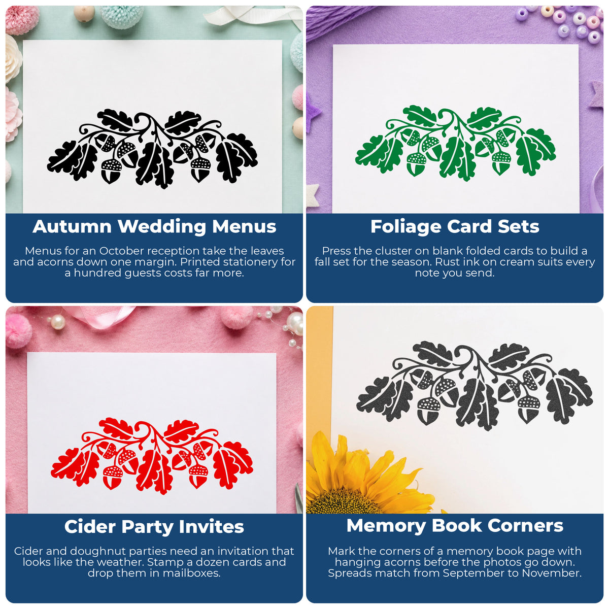Solid Acorns and Leaves Rubber Stamp project ideas: Autumn Wedding Menus, Foliage Card Sets, Cider Party Invites and Memory Book Corners.