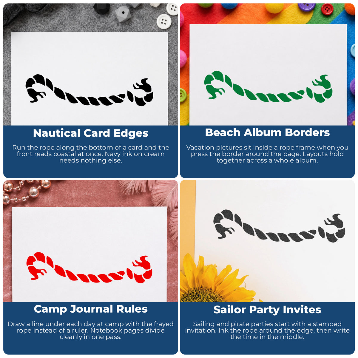 Frayed Rope Border Rubber Stamp project ideas: Nautical Card Edges, Beach Album Borders, Camp Journal Rules and Sailor Party Invites.