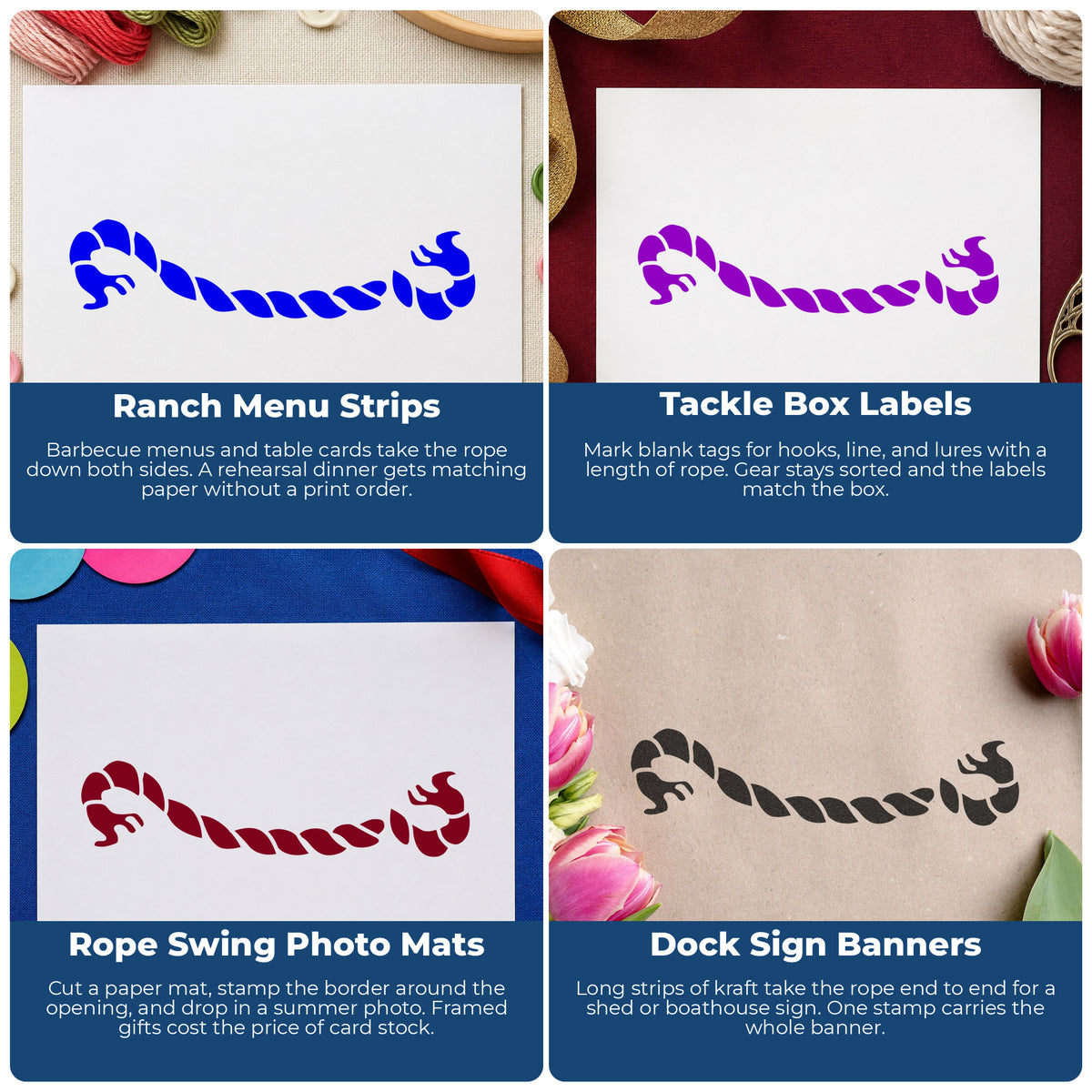Frayed Rope Border Rubber Stamp project ideas: Ranch Menu Strips, Tackle Box Labels, Rope Swing Photo Mats and Dock Sign Banners.