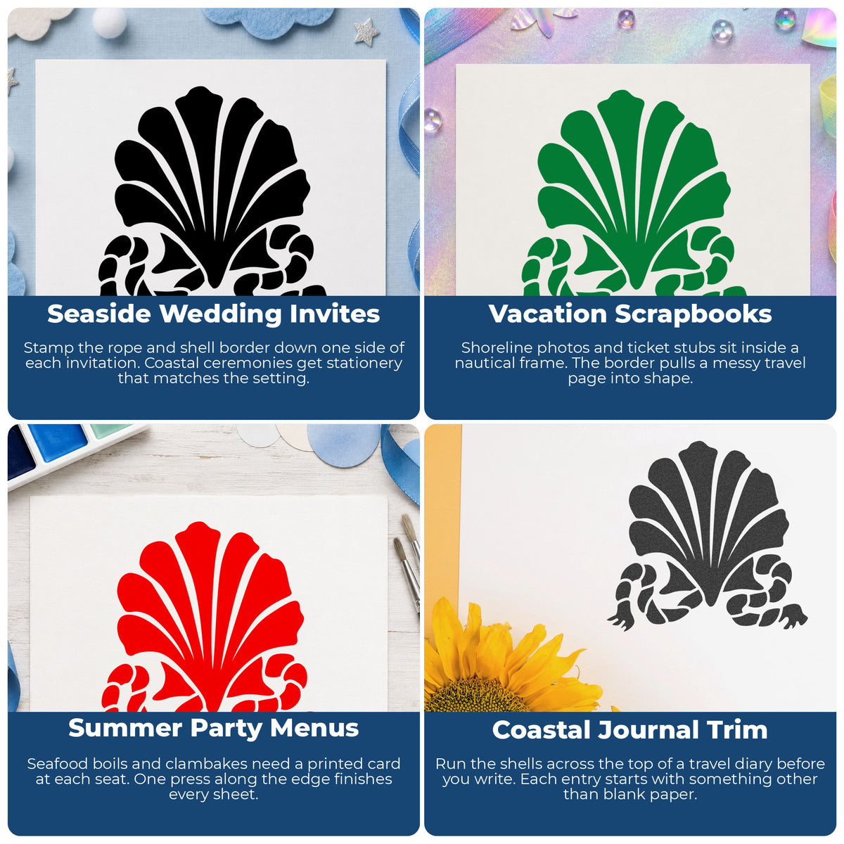 Seashell and Rope Border Rubber Stamp project ideas: Seaside Wedding Invites, Vacation Scrapbooks, Summer Party Menus and Coastal Journal Trim.