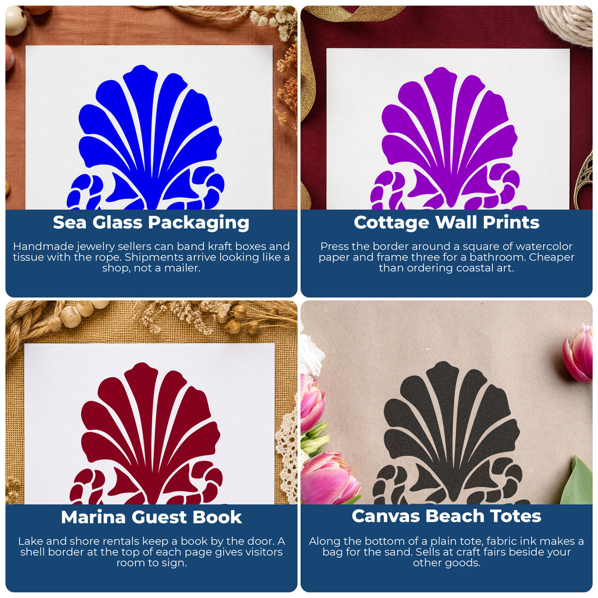 Seashell and Rope Border Rubber Stamp project ideas: Sea Glass Packaging, Cottage Wall Prints, Marina Guest Book and Canvas Beach Totes.