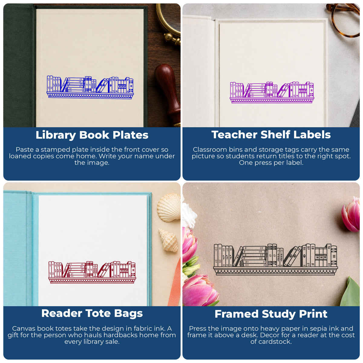 Bookshelf Border Rubber Stamp Large project ideas: Library Book Plates, Teacher Shelf Labels, Reader Tote Bags and Framed Study Print.