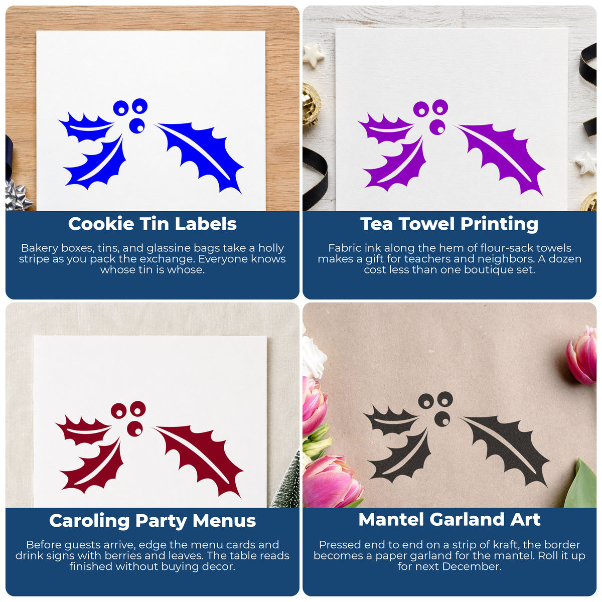 Holly Leaf Border Rubber Stamp Large project ideas: Cookie Tin Labels, Tea Towel Printing, Caroling Party Menus and Mantel Garland Art.