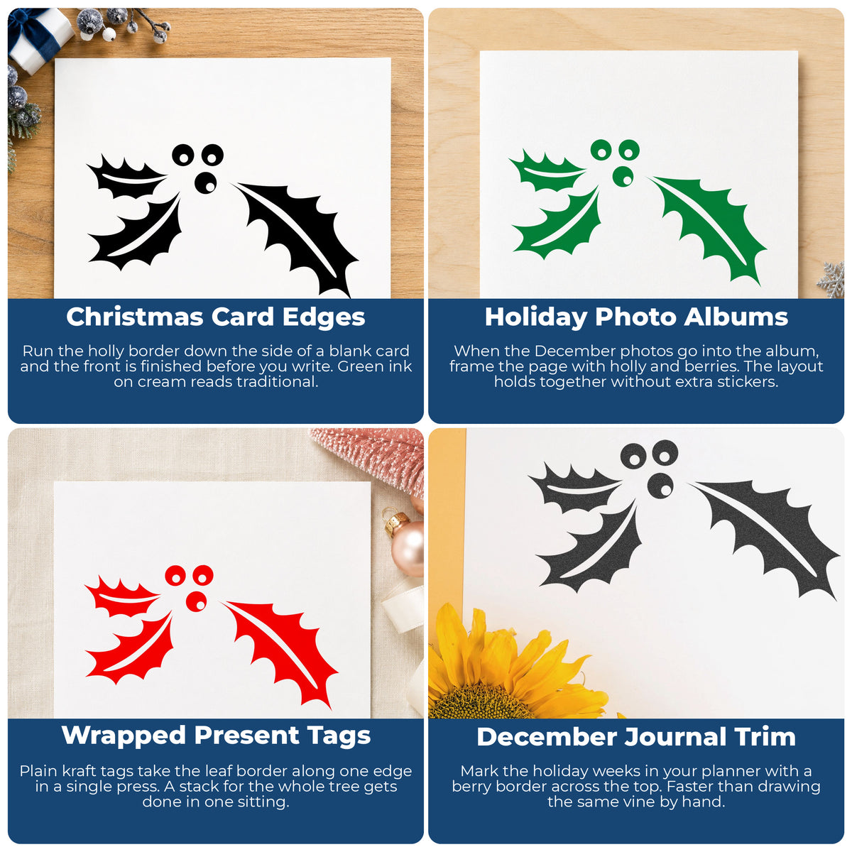 Holly Leaf Border Rubber Stamp Small project ideas: Christmas Card Edges, Holiday Photo Albums, Wrapped Present Tags and December Journal Trim.