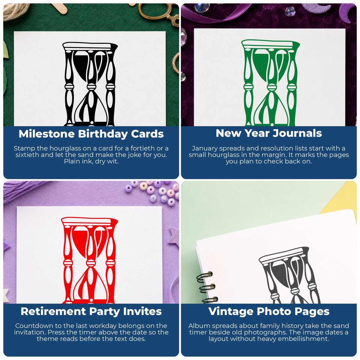 Decorative Hourglass Rubber Stamp project ideas: Milestone Birthday Cards, New Year Journals, Retirement Party Invites and Vintage Photo Pages.