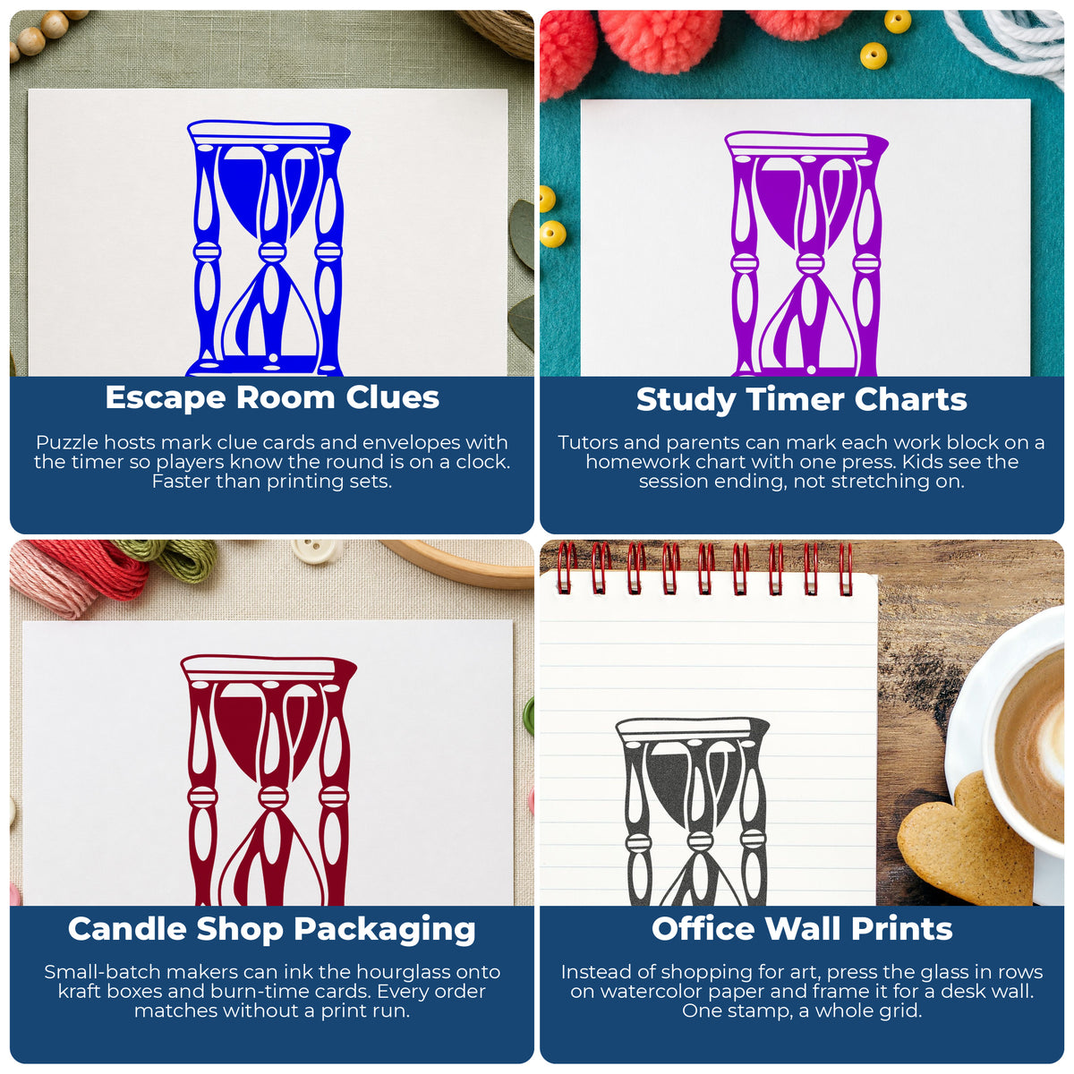 Decorative Hourglass Rubber Stamp project ideas: Escape Room Clues, Study Timer Charts, Candle Shop Packaging and Office Wall Prints.