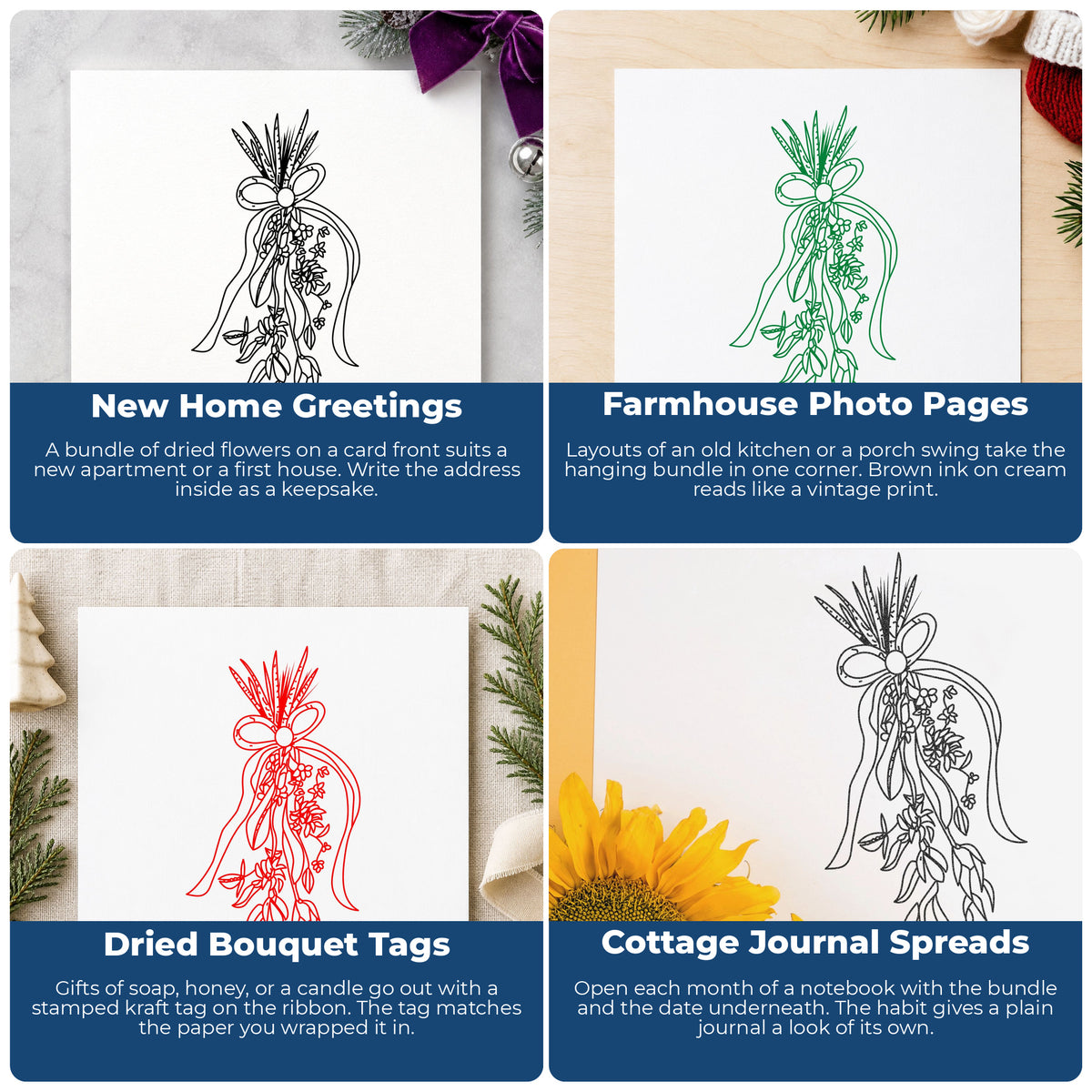 Hanging Flower Bundle with Ribbon Rubber Stamp project ideas: New Home Greetings, Farmhouse Photo Pages, Dried Bouquet Tags and Cottage Journal Spreads.