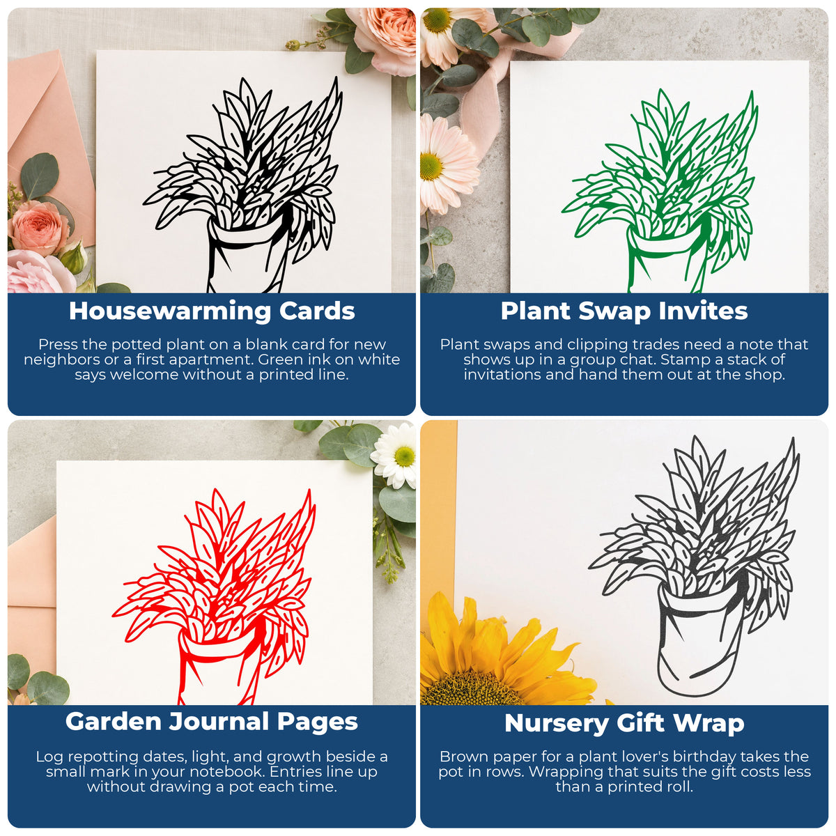 Potted Houseplant Rubber Stamp project ideas: Housewarming Cards, Plant Swap Invites, Garden Journal Pages and Nursery Gift Wrap.