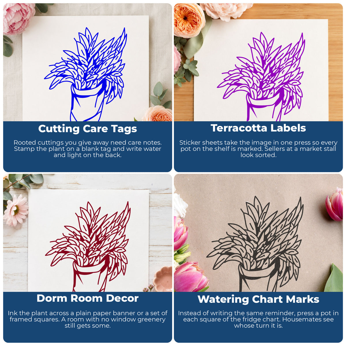 Potted Houseplant Rubber Stamp project ideas: Cutting Care Tags, Terracotta Labels, Dorm Room Decor and Watering Chart Marks.