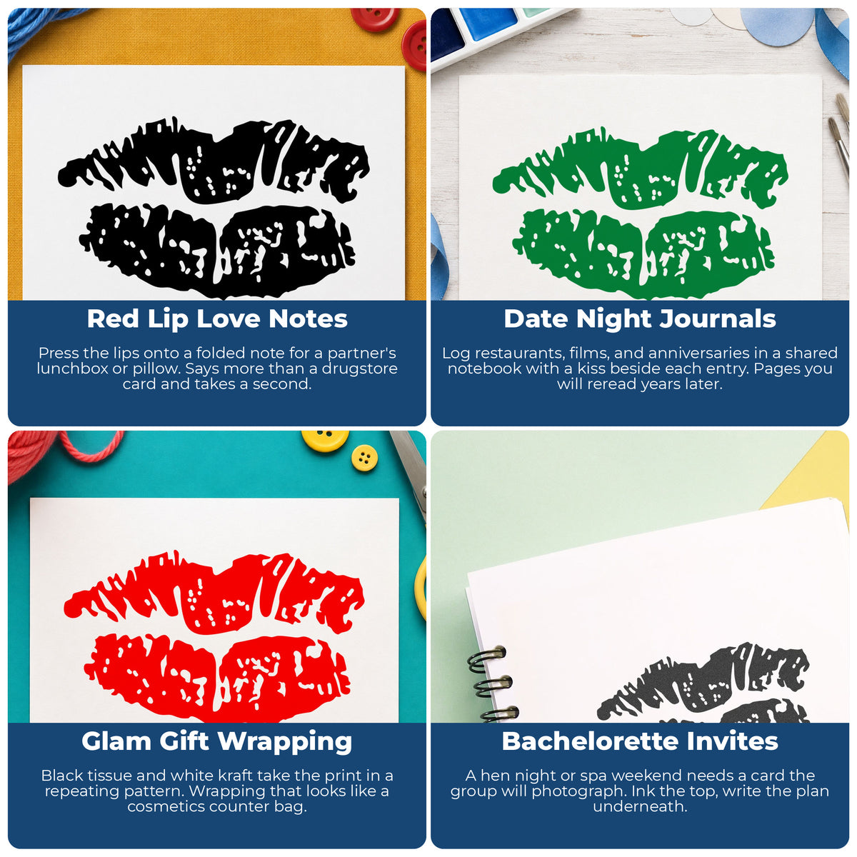 Lipstick Kiss Rubber Stamp project ideas: Red Lip Love Notes, Date Night Journals, Glam Gift Wrapping and Bachelorette Invites.