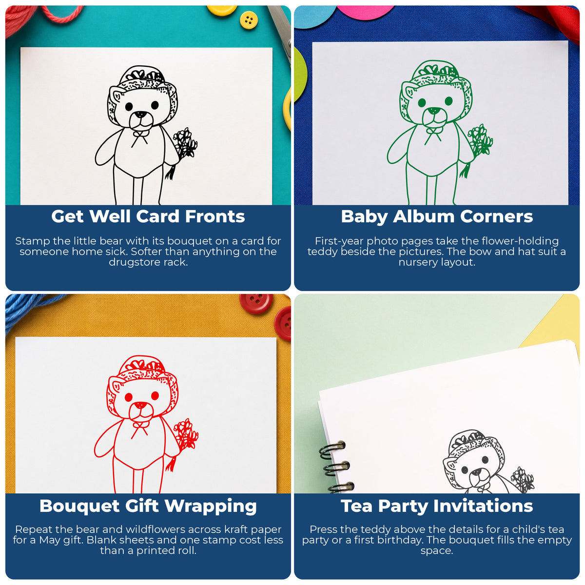 Bear Holding Wildflowers Rubber Stamp project ideas: Get Well Card Fronts, Baby Album Corners, Bouquet Gift Wrapping and Tea Party Invitations.