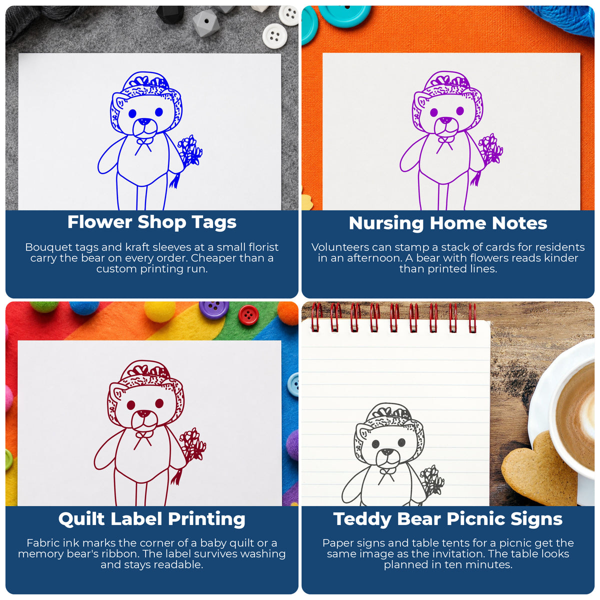 Bear Holding Wildflowers Rubber Stamp project ideas: Flower Shop Tags, Nursing Home Notes, Quilt Label Printing and Teddy Bear Picnic Signs.