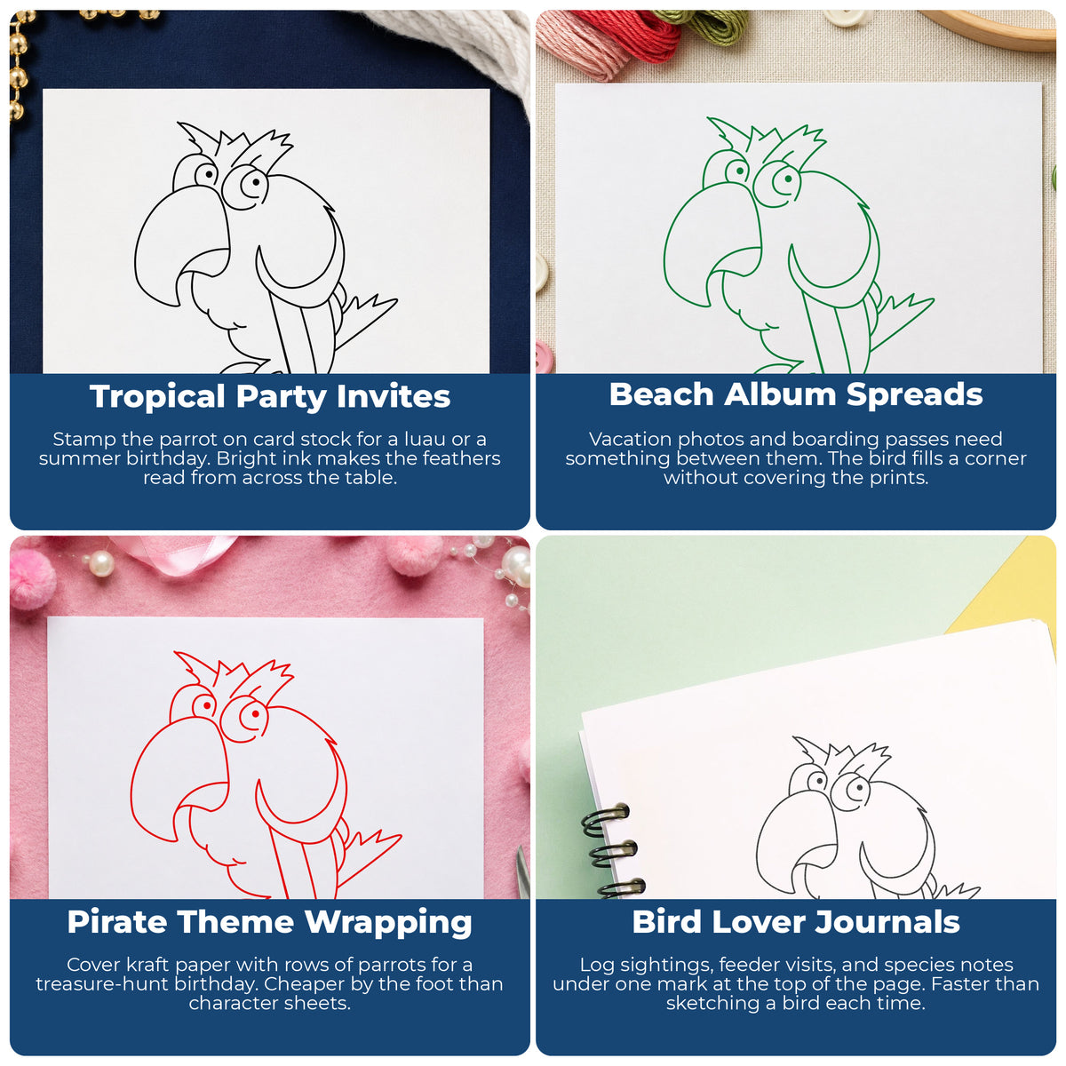 Cartoon Parrot Rubber Stamp project ideas: Tropical Party Invites, Beach Album Spreads, Pirate Theme Wrapping and Bird Lover Journals.