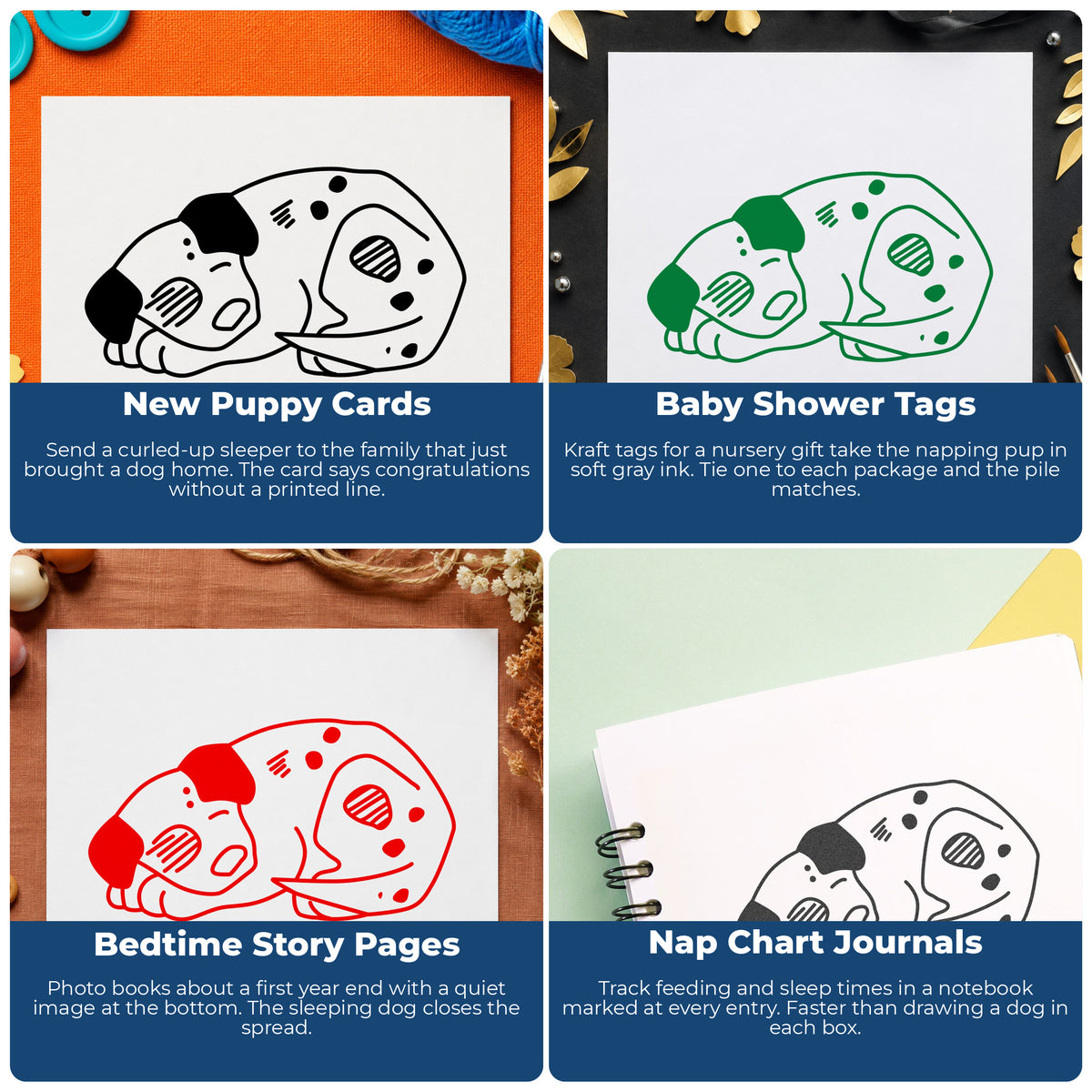 Sleeping Spotted Puppy Rubber Stamp project ideas: New Puppy Cards, Baby Shower Tags, Bedtime Story Pages and Nap Chart Journals.